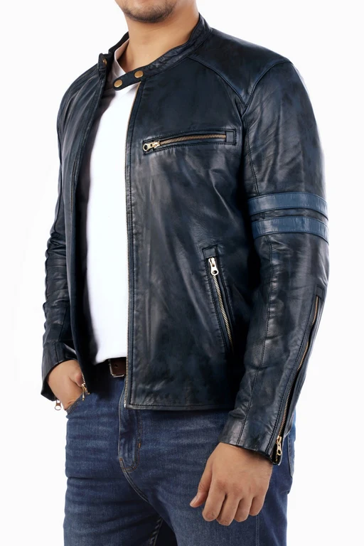 Cafe Racer Genuine Lambskin Leather Jacket-Blue